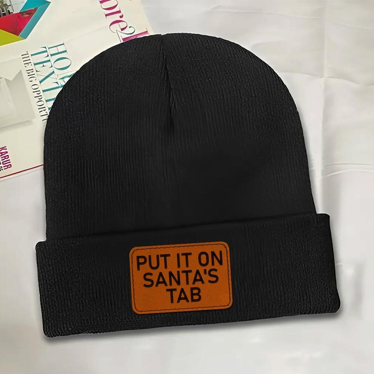 Put It On Santa's Tab Leather Patch Beanie Hat, Trendy Funny Hat, Christmas Party Hats, Christmas Gift Idea, Perfect For Winter Wear