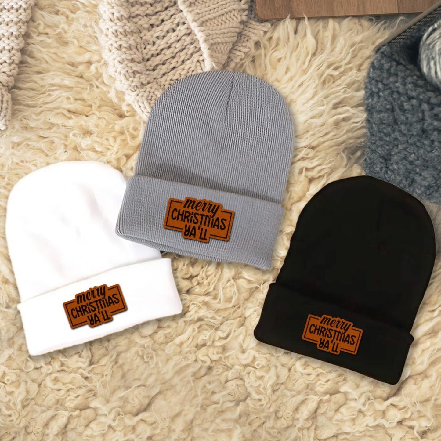 Merry Christmas Ya'll Funny Leather Patch Beanie Hat, Trendy Funny Hat, Christmas Gift Idea, Perfect For Winter Wear, Adult and Youth Hat