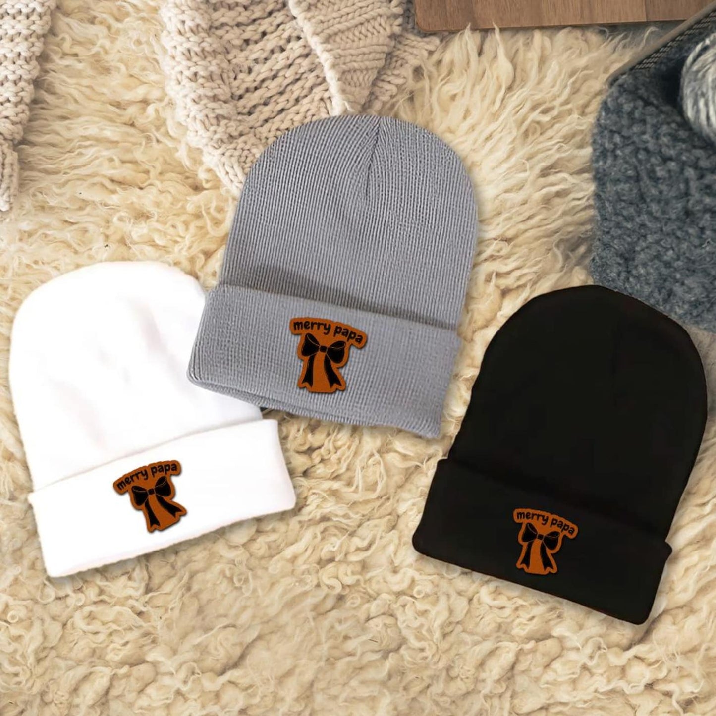 Merry Papa Holiday Leather Patch Beanie Hat, Winter Hat For Dad, Trendy Hat Fun Dad, Perfect For Winter Wear Christmas